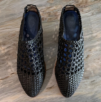Jeffrey Campbell ￼ Woven Leather Clog Shoes Women s 6.5M Block Heel Slip-On