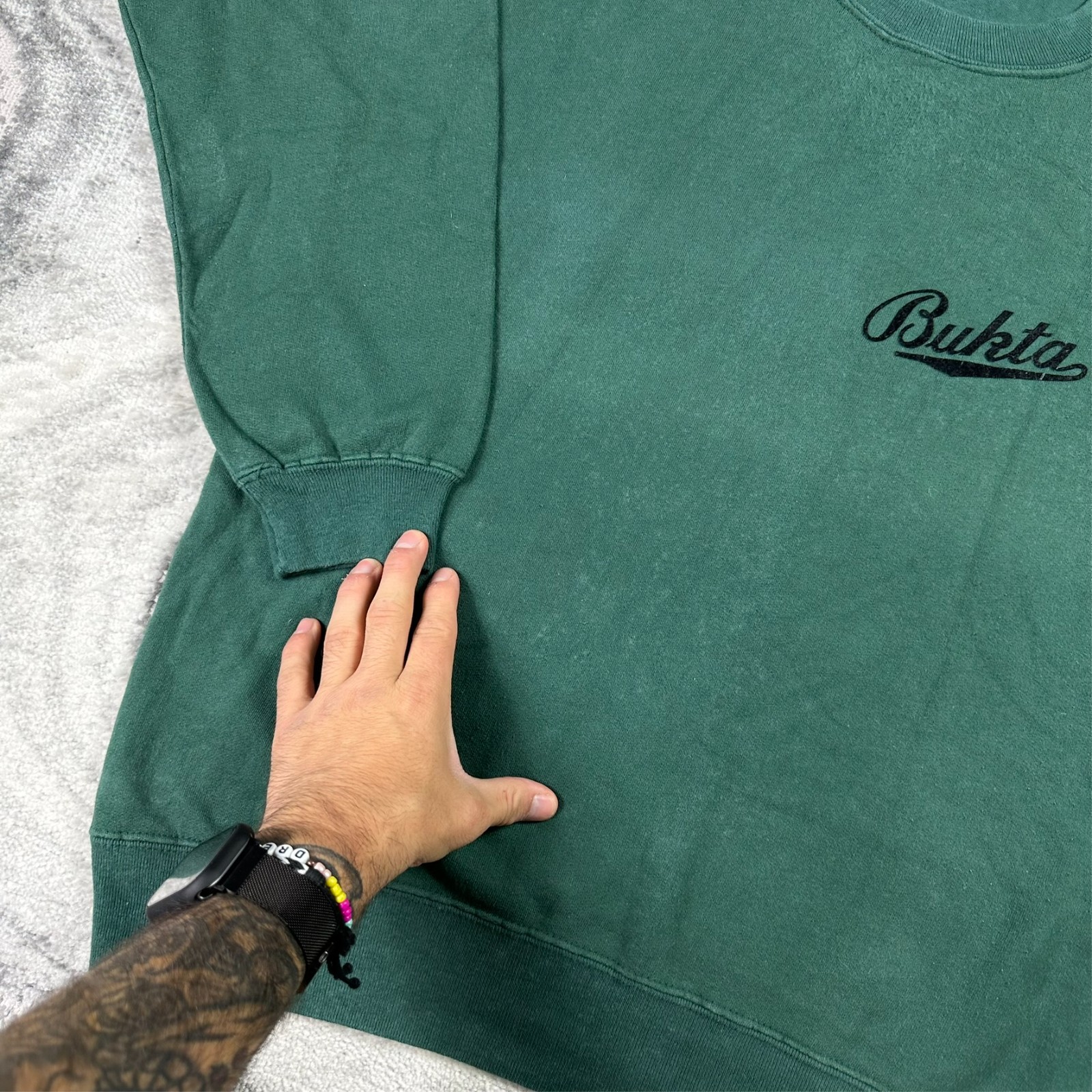 VTG Bukta 90's Forest Green Black Script Medium Distressed Crewneck Sweatshirt image 2