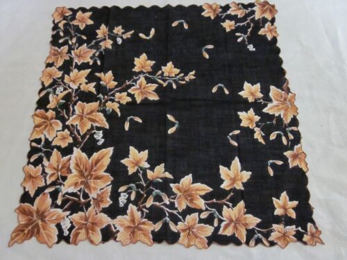 Vintage Brown Fall Leaves on twigs Scallop edge hanky hankie handkerchief - Picture 1 of 2