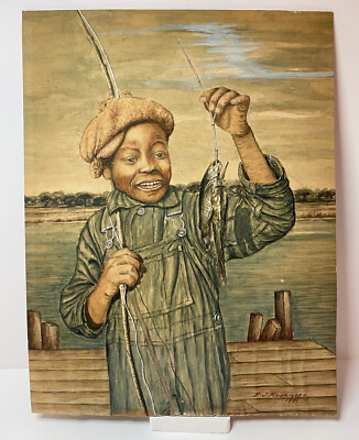 E. J. Rodriguez Painting 1941 of a Boy who Caught a Fish from a Dock