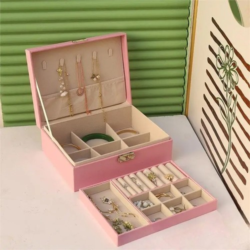 2 Schichten Große Schmuckkästchen Leder Aufbewahrungsbox Ringe Halsketten Organizer - Bild 3 von 13