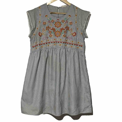 Roolee Womens Embroidered Dress Medium Black White Stripe Orange Floral  Prairie | eBay