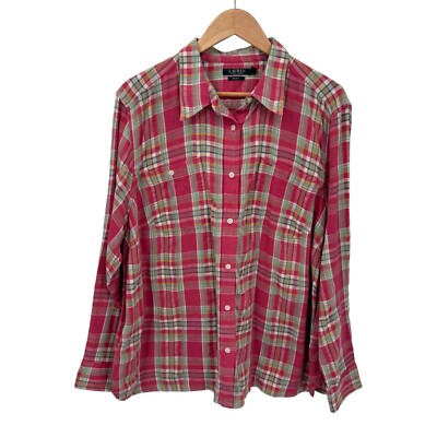 Lauren Ralph Lauren Button Front Flannel Shirt Womens Plus 3X Pink Plaid  Cotton