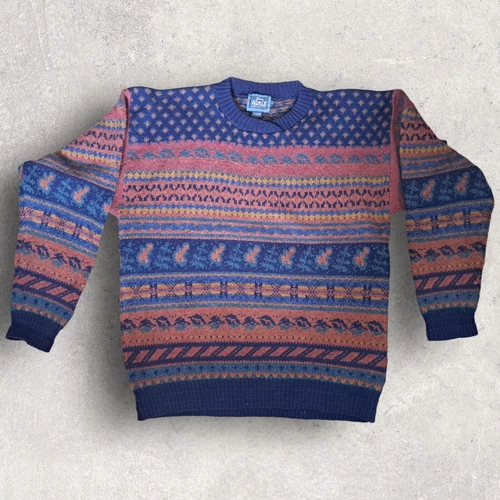 Vtg Woolrich Wool Sweater Sz Large Leaf Striped Fair Isle Sweatshirt Grandpacore