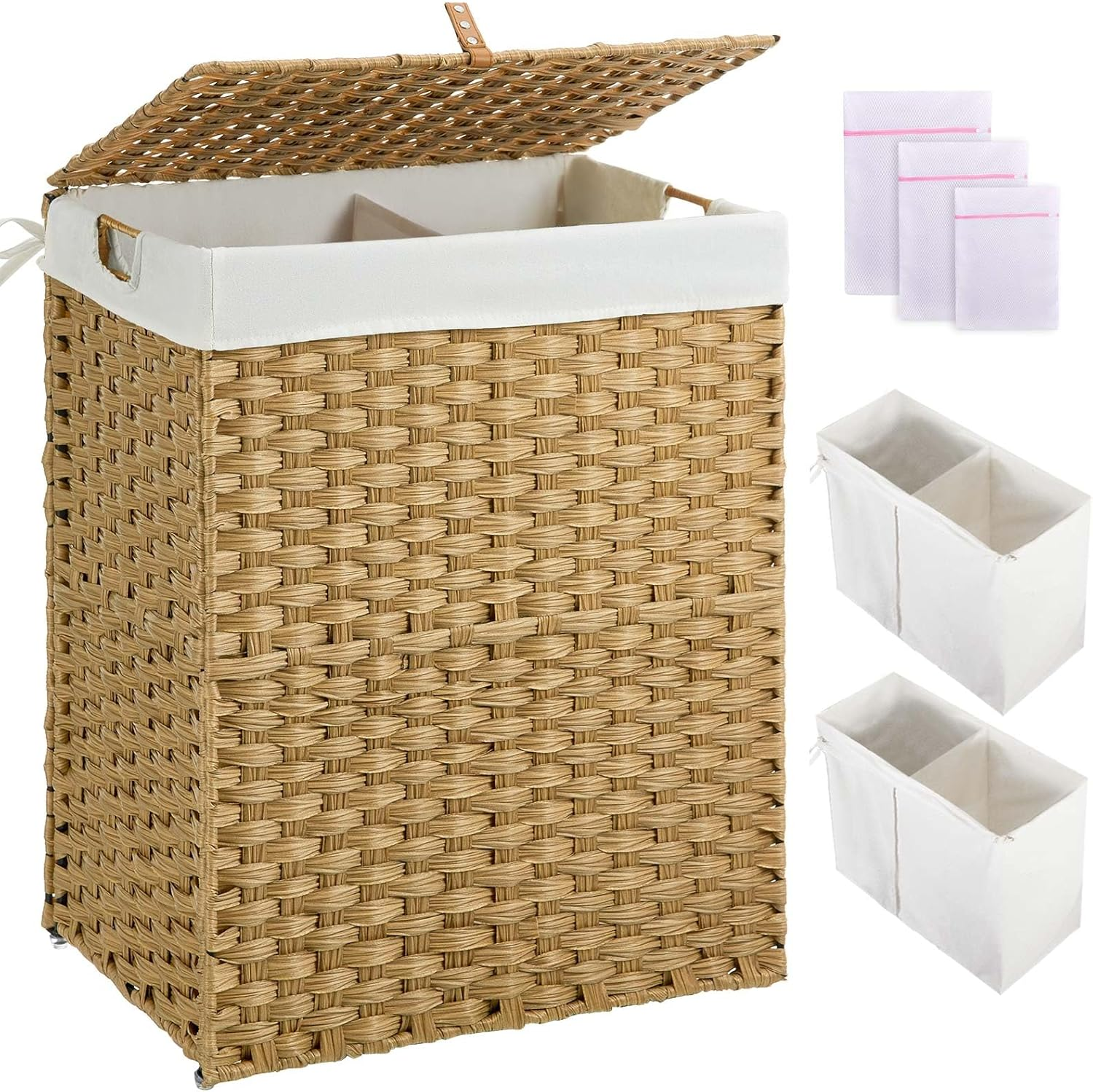 Foldable 110L Wicker Laundry Basket with Lid, No Installation Required-image