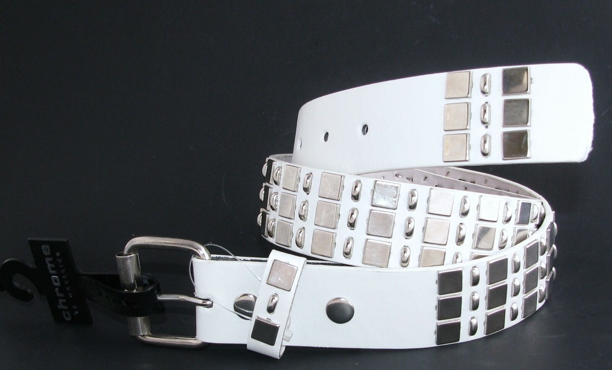 NEW CHROME BY WESTSIDE SQUARE SILVER TONE STUDDED WHITE BELT