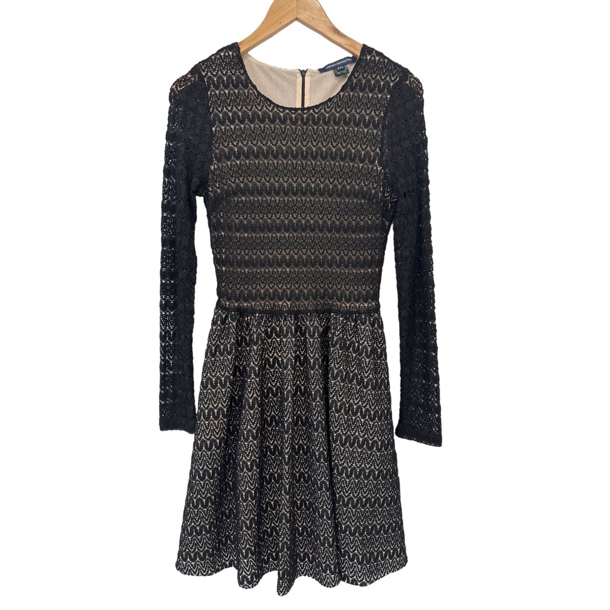 French Connection Dress Size 6 Lace Crochet Jersey Fit & Flare Black Cream