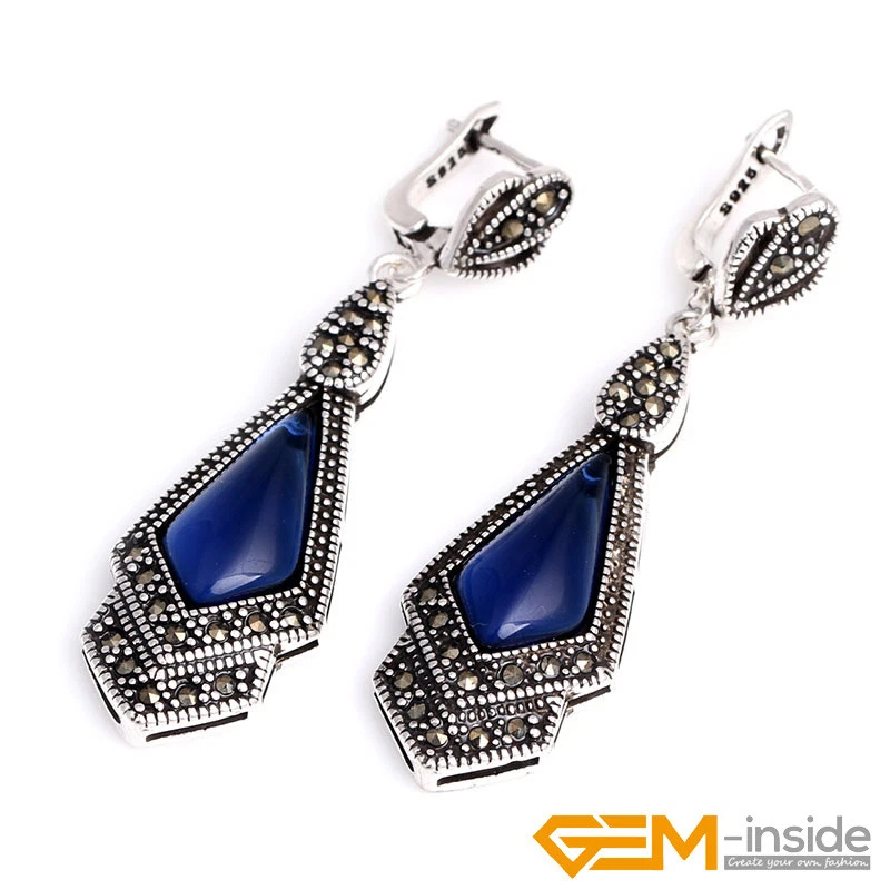 Juego de aretes de piedras preciosas naturales colgante seleccionado antiguo plata marcasita Foto 3 de 4