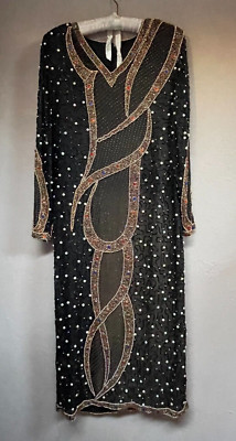 Women's Black Gold Beaded Pearl Midi Night Gown Dress Patterned Long Sleeve