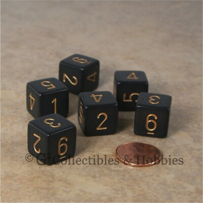 NEW Set of 6 Black with Gold Numbers D6 Six Sided RPG D&D Gaming Dice Chessex