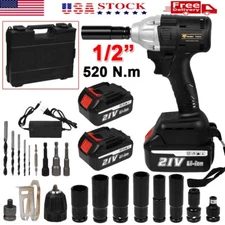 Cordless Electric Impact Wrench Gun 1/2'' Driver 520Nm/Li-ion Battery High Power