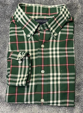 Lands End Traditional Dress Shirt Mens L Neck 16-16.5 Green Windowpane Plaid