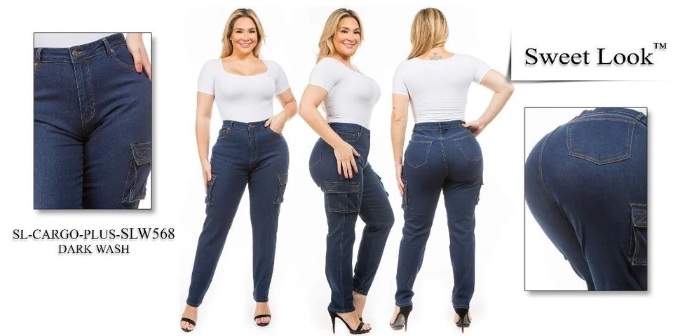 WOMENS PLUS SIZE Camouflage Skinny Blue Black DENIM JEANS Cargo joggers PANTS - Image 3 of 4