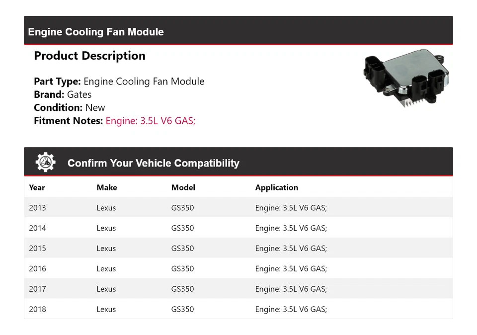 Portões módulo ventilador de refrigeração motor gasolina Lexus GS350 3.5L V6 2013-2018 2014 2015 - Imagem 2 de 4