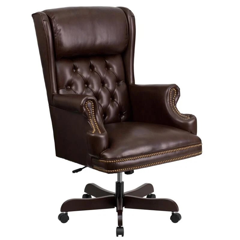 High Back Traditional Bottom Tufted Brown Leather Swivel Executive