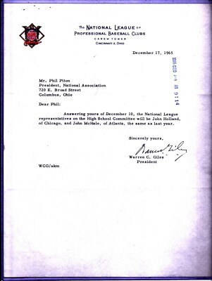 1965 Autograph Original Warren Giles NL Baseball Clubs Letter on Letterhead
