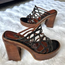 Vintage El Dant s Black leather wooden platform block heel sandals