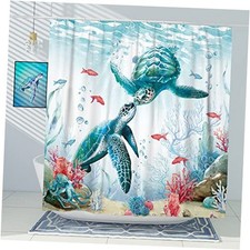 Teal Sea Turtle Shower Curtain Set, Beach Coastal 72"W x 72"L Pack of 1 Blue