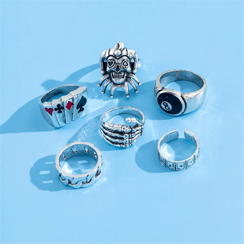 6 Pc Skull Poker Clown Joker Band Ring Set Gothic Y2K Skeleton Punk Men Jewelry - Picture 9 of 11