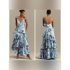 Anthropologie BHLDN Elora Sleeveless V Neck Ruffle Lace Floral Maxi Dress Sz 12