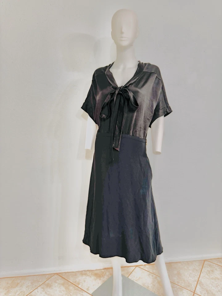 Rochas Pussy Bow Retro Dress Brown W Kelp Green Satin and Crepe Made Italy FR46 - Image 2 of 4