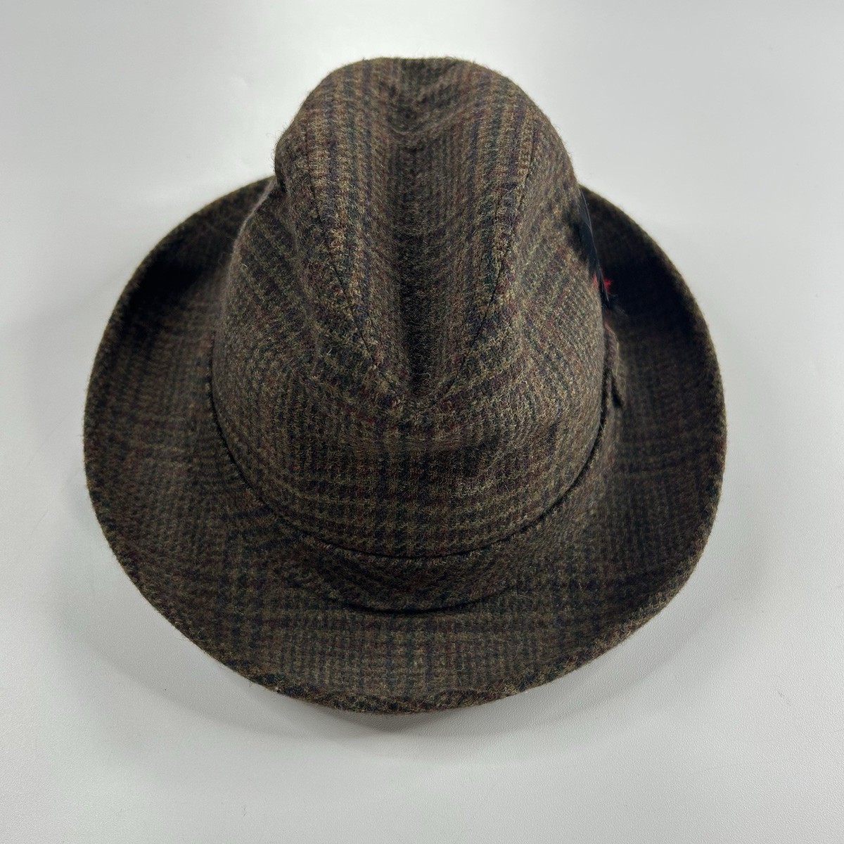 Vintage Dobbs Fifth Avenue Wool Fedora Hat Plaid Feather Brown