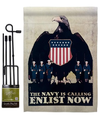 Calling Enlist Now Garden Flag Set with Stand Armed Forces Navy USN Seabee Un...