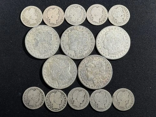 SILVER!!! LOT OF 5 Morgans & 10 Barber Quarters  NICE!! 90% SILVER BID NOW!! WOW