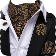 Silk Ascot for Men Self Tie Men's Cravat and Flower Lapel Pin Handkerchief Cuffl