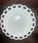 Vintage Milk Glass Cake Plate Serving Platter with Lace Heart Edge 13"