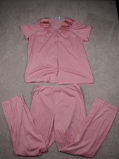 Vintage Vanity Fair Pink Nylon Pajama Set M 40 Button Top  Pants 80s Loungewear