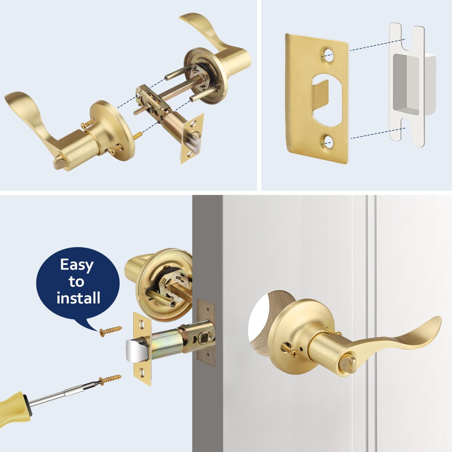 1 Pack Gold Door Handles Keyed Alike Entry Door Handle with Lock and Key Bras