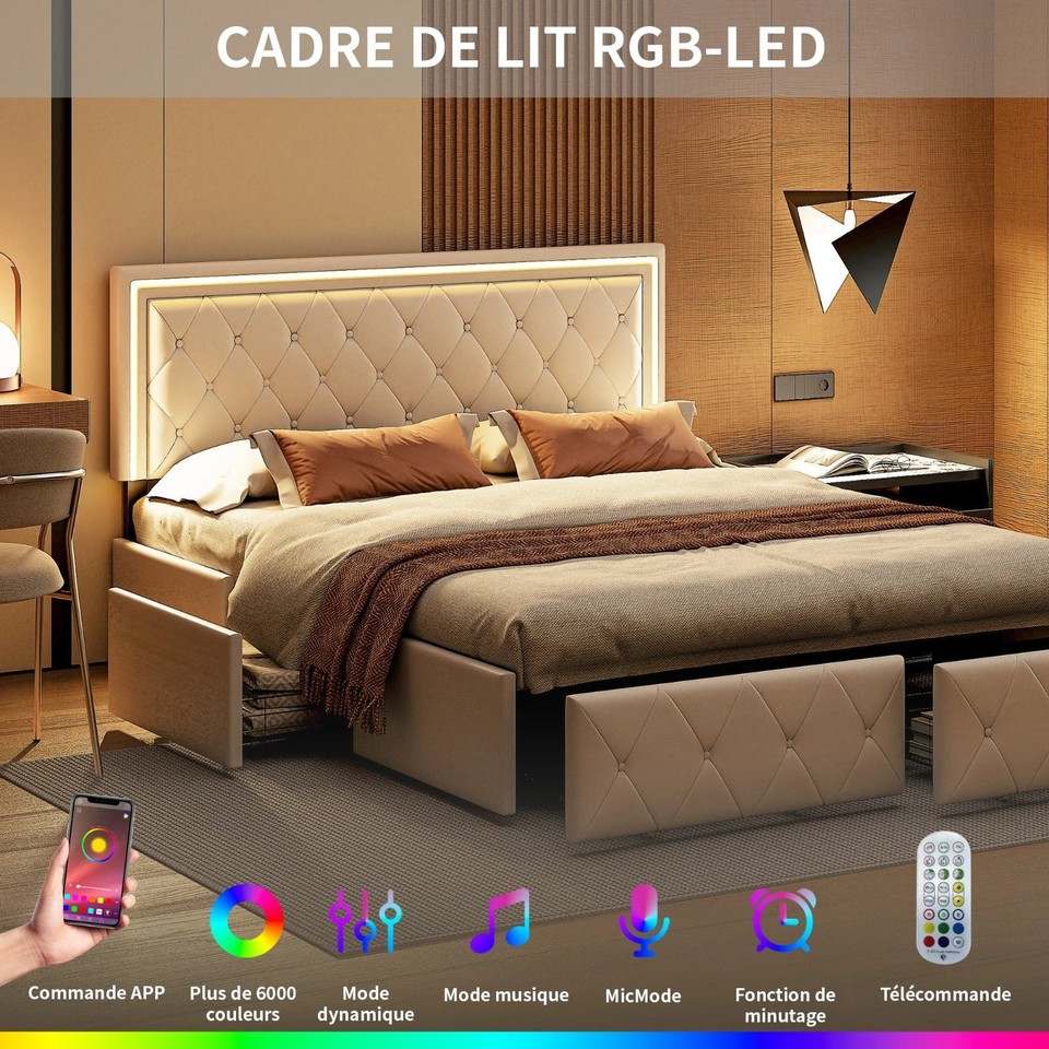 Cama doble moderna iluminación LED estructura ajustable y contenedor
