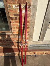Vintage Lampinen Finland Wooden Skis Red Cross Country 3-Pin Bindings Decor