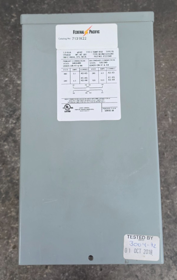 Federal Pacific 7131K22 Transformer 1.5 kVA 1-Phase 240x480V to 120/240V NEMA 3R