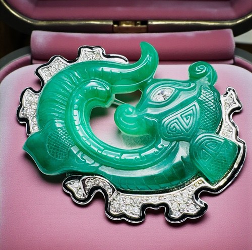 KJL Kenneth Lane Faux Jade Rhinestone Dragon Brooch Pin Nice