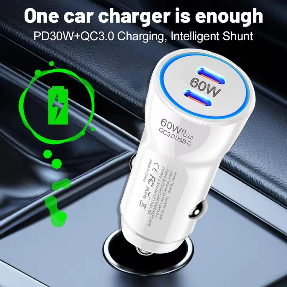 Mini Cargador de Coche Doble USB-C Carga Rápida 60W para iPhone 17 16 15 14 Pro Max Foto 2 de 4