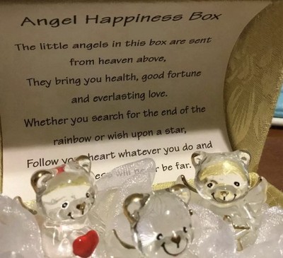 Vtg 3 Glass Crystal Angel Bears In A 22K Gold Happiness Box 