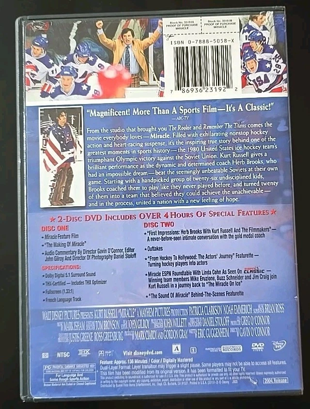 Miracle DVD, 2004, 2-Disc Set, Full screen . Kurt Russell Disney - Image 2 of 4