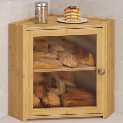 Vintage Wooden Corner Bread Box with Window for Kitchen Countertop Storage