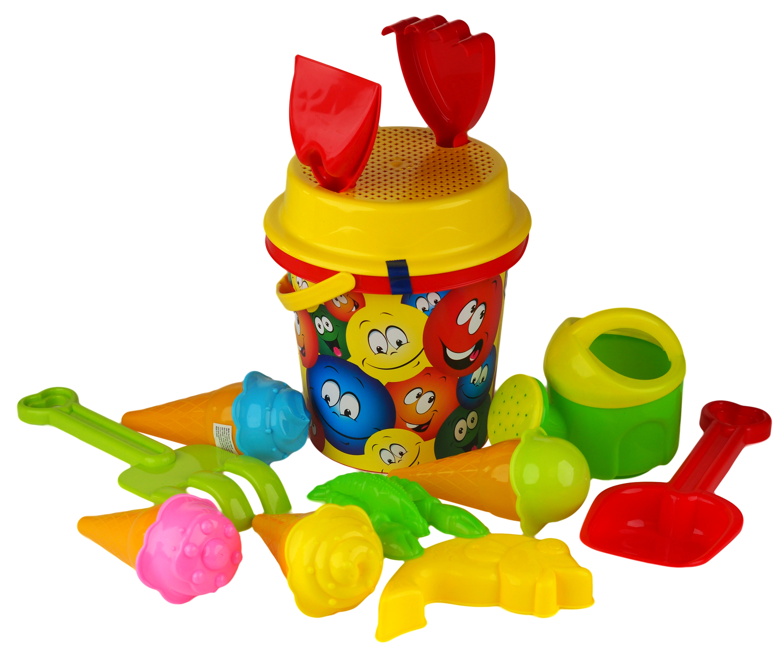 13 Piece Beach Bucket Play Set - Red Smiley Face Bucket + Spade + Sand Moulds