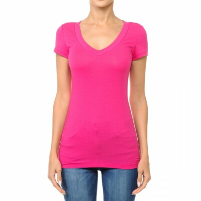 NEW Women's Basic Short Sleeve V Neck Cotton Stretch Tee- Ambiance- XS/S-M-L