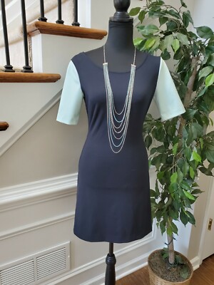 Club Monaco Women's Solid Blue Polyester 3/4 Sleeve Scoop Neck Knee Length  Dress