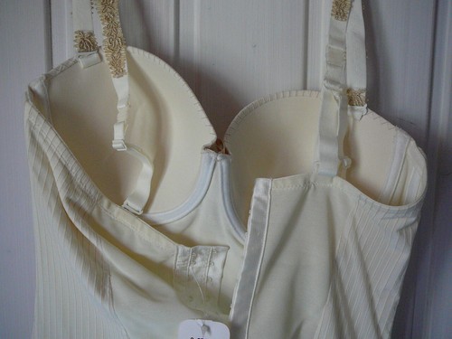Braut Corsage Korsett Spitze DACAPO Barbarella creme ecru gold 75C Strapsbänder - Bild 5 von 11