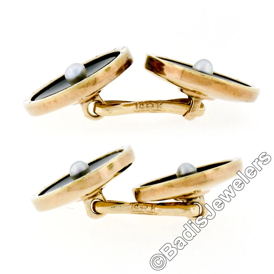Антикварные мужские запонки из золота 14 карат с черным ониксом и натуральным жемчугом и белой эмалью - Изображение 4 из 4