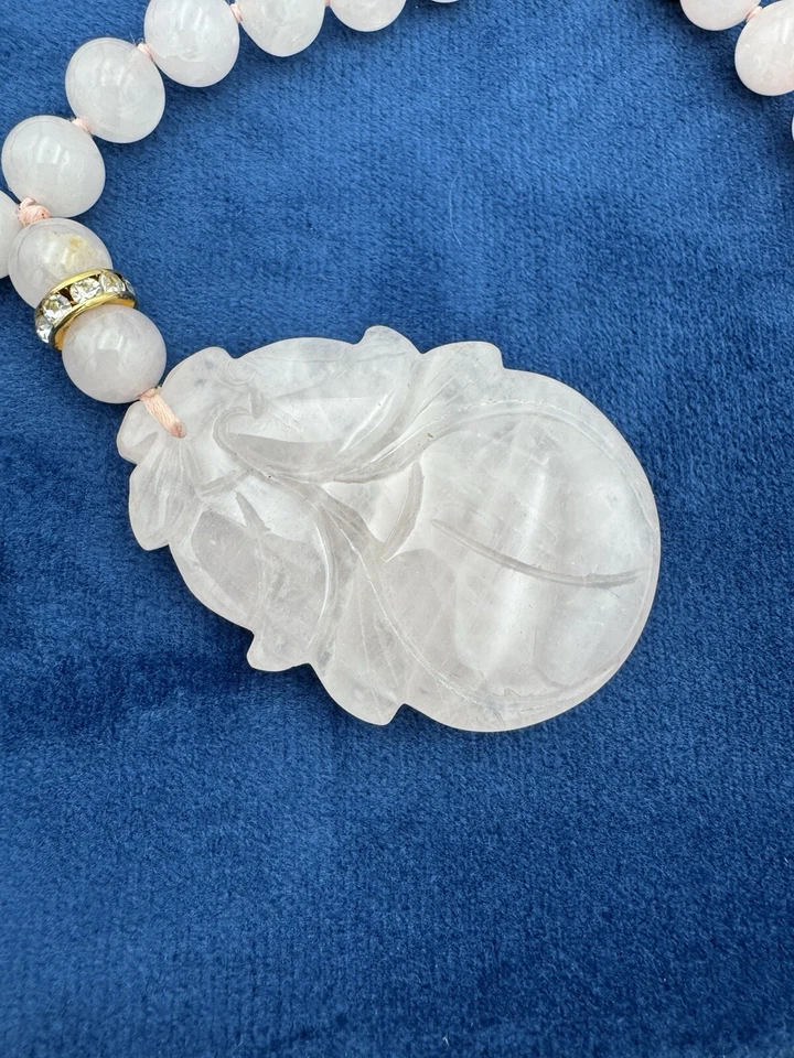 Impresionante collar chino de cuarzo rosa anudado a mano con cuentas chapado en oro jade Foto 2 de 4