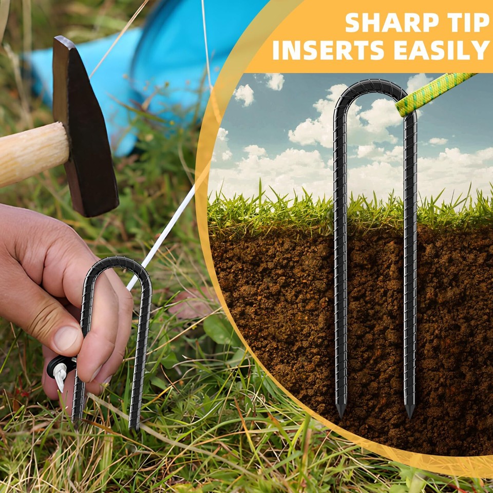 12inch Rebar Stakes, 4 Pack U Hook Ground Anchors, Heavy Duty Rust