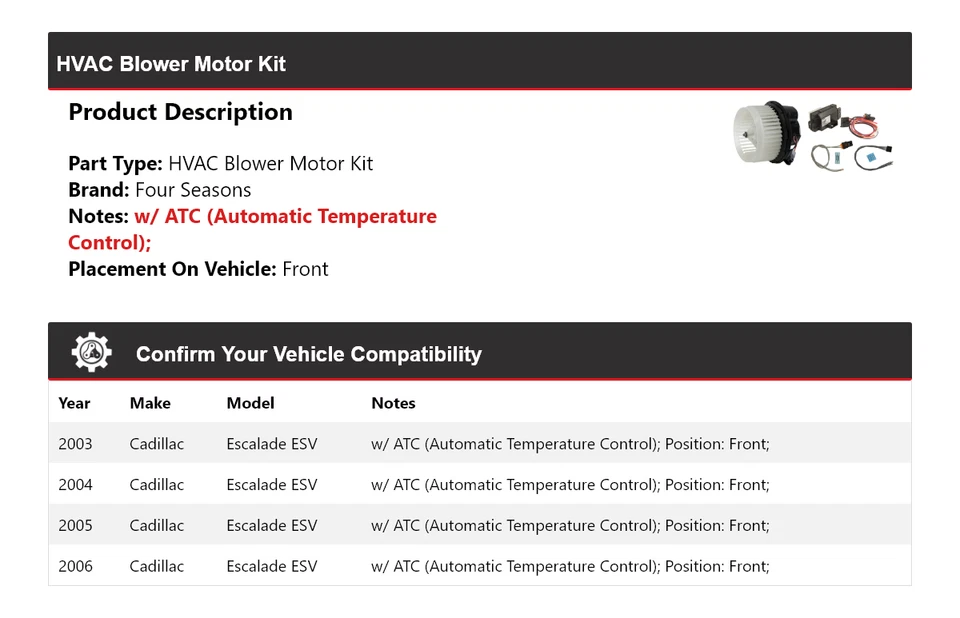 Комплект переднего двигателя вентилятора 4 сезона 2004 для Cadillac Escalade ESV HVAC 2003-2006 годов выпуска - Изображение 2 из 3