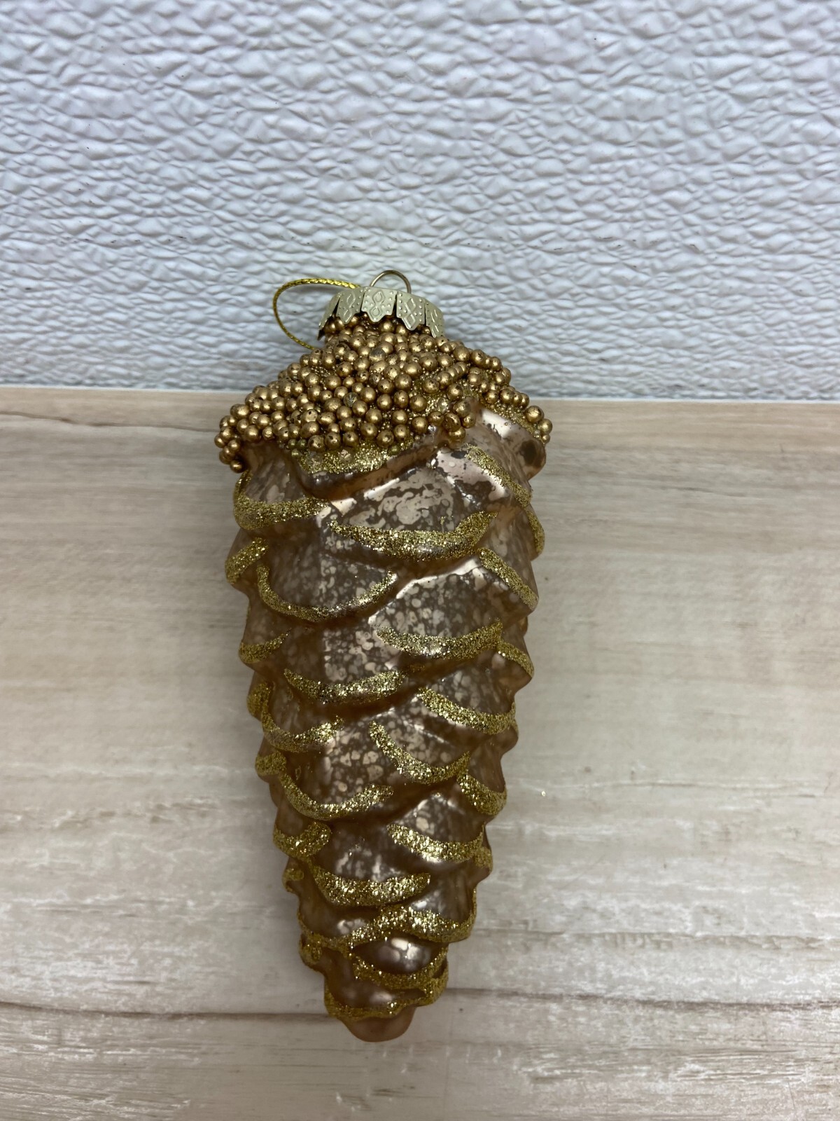 Vtg Glass Blown Pinecone Golden Brown With Beads Christmas Tree Ornament