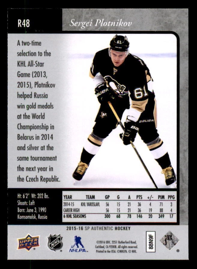 2015-16 SP Authentic '95-96 SP Retro #R48 Sergei Plotnikov Rookie (ref 17741) - Image 2 of 2